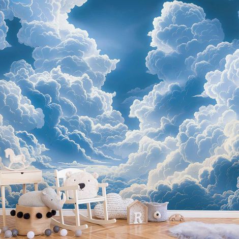 Fototapete – Blauer Himmel bricht durch weiße, flauschige Wolken (1/4)