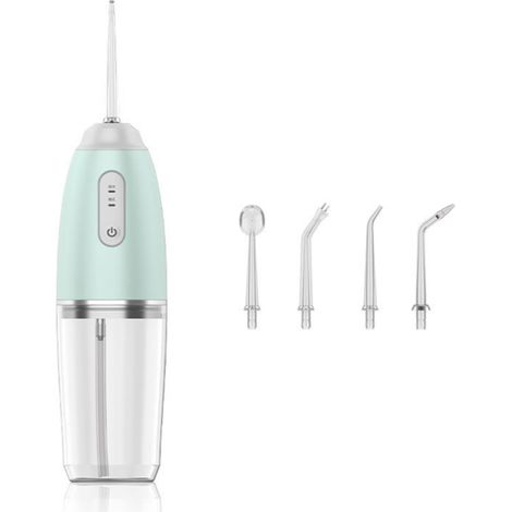 Irrigador bucal portátil con 3 modos, depósito de agua de 230 ml para la limpieza dental, 4 boquillas diferentes, resistencia al agua IPX7 y recargable por USB.