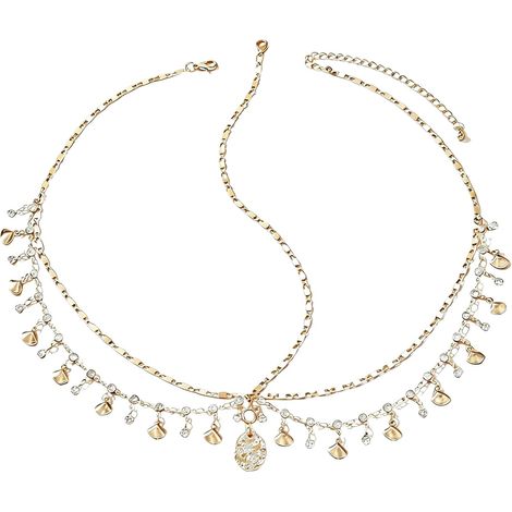 Accessoire de Tête Femme Doré à Double Chaîne, Ornement de Cheveux avec Pampilles et Pendentif, Style Ethnique pour Cérémonie et Soirée (1/5)