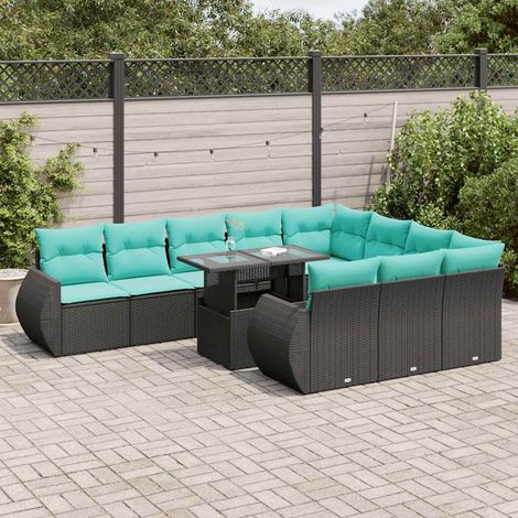 Salon de jardin 11 pièces modulable en résine tressée noir avec coussins bleus - PANGIVO (1/5)