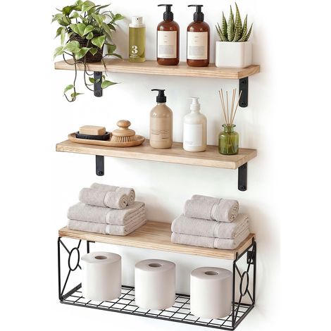 Étagère Murale avec Panier pour Salle de Bain, Lot de 3, Rustique Étagère de salle de bain en paulownia massif, 10 kg par tablette, agencement modulable pour rangement et décoration (1/5)