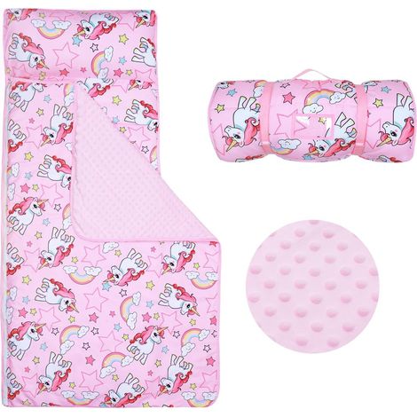 Tapis de Sieste Enfant, 2 en 1 Sac de Couchage 150×60cm,Licorne Rose (1/5)
