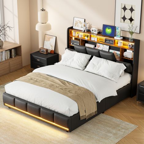 BSMGSGN-Lit Coffre 140x190 cm avec LED, Rangement Hydraulique et Sommier à Lattes, Tête de Lit Rembourrée avec Étagères, Cadre de Lit Double en PU Noir, sans Matelas (1/5)
