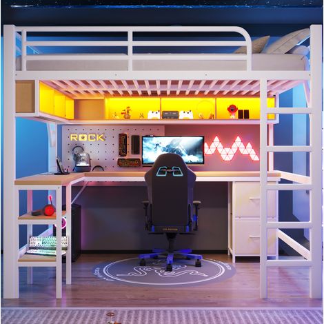 Cama alta 140x200 cm metal blanco con escritorio y LED, ahorro de espacio, sin colchón – MEUBLIV (1/5)
