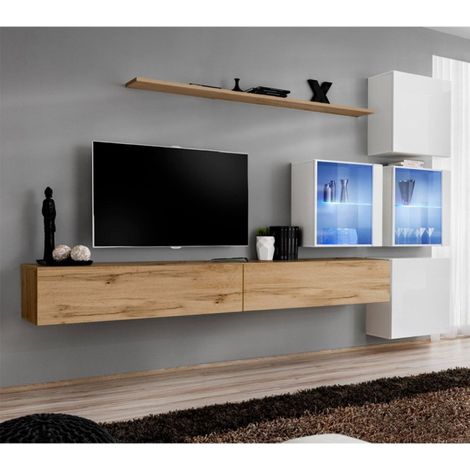 Meuble TV Mural Design "Switch XIX" 310cm Naturel & Blanc (1/4)