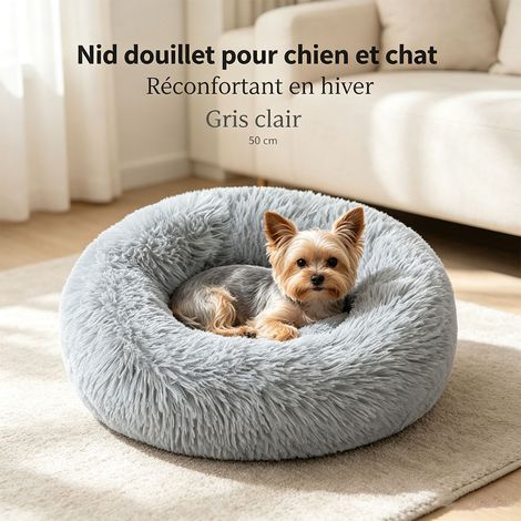 Nid d'hiver rond en peluche épaisse pour chien et chat, diamètre 50 cm, panier confortable et lavable - Gris clair (1/5)