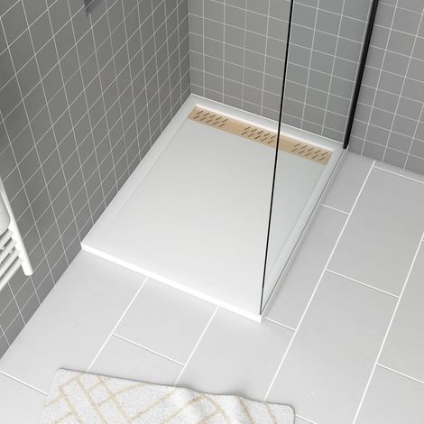 Plato de ducha Acrílico blanco 80x100x4 cm + Rejillas Lineales Cromada y Oro Cepillado - WHITENESS II
