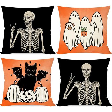 Ensemble de 4 housses de coussin, motif Halloween, lin mélangé, fermeture éclair invisible, décoration salon jardin (1/5)