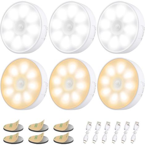 Set of 6 wireless LED night lights with motion sensor, magnetic base, USB-C battery, for wardrobes, stairs, hallways, warm yellow and white light. (1/5)