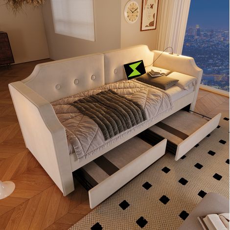 MEUBLIV Lit banquette en velours beige 90 200 cm avec USB type C lampe de lecture deux tiroirs structure en fer bois et MDF (1/5)