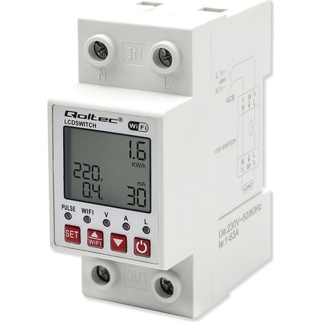 Relé de carril DIN Qoltec de 63 A con contador de electricidad  Temporizador  Tuya  Wi-Fi  LED (1/5)