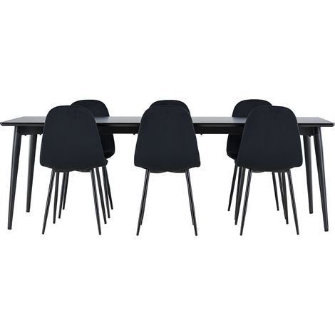 Ellis Essgruppe Tisch 85x230cm und 6 Velours Stühle schwarz.