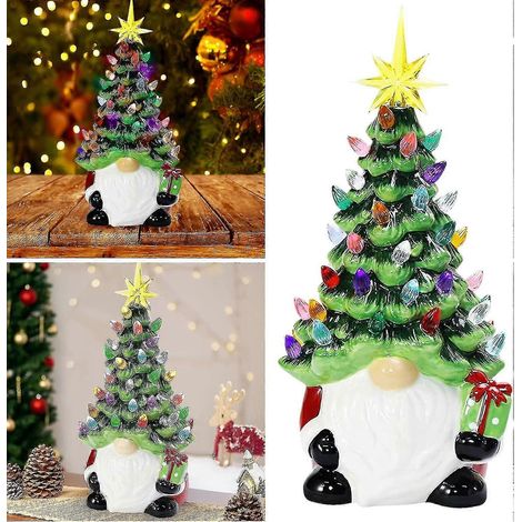 Decoraciones navideñas, árbol de Navidad de resina con gnomos iluminados de 6,3 cm con luces multicolores, pequeña decoración navideña preiluminada para mesa. (1/5)