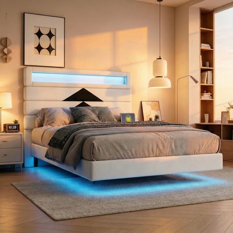 Letto sospeso 140x190 cm in velluto con LED e USB Type-C, letto matrimoniale moderno con testiera trasformabile