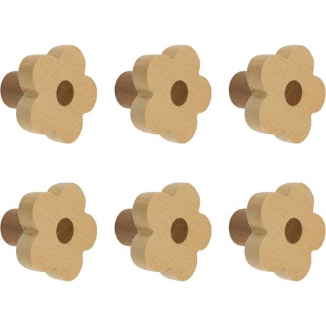 Boutons en bois en forme de fleur, 6 pièces, boutons en bois naturel non finis faits à la main à un trou pour tiroir, garde-robe, armoire, commode avec vis et tube d’expansion (1/5)
