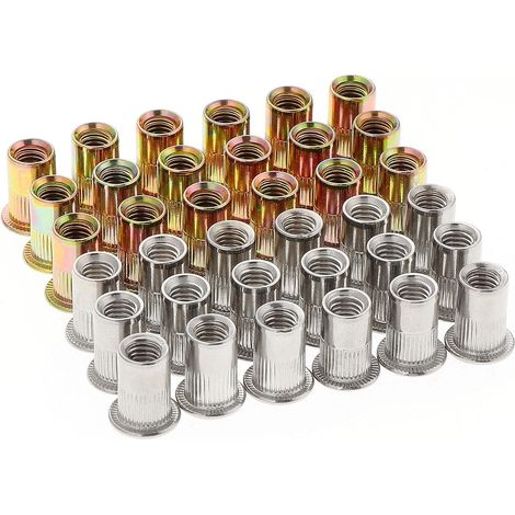 100 Pièces Écrou à Rivet Fileté à Tête Plate, M6 Écrous à Riveter Fileter, Assortiment Rivet Inserts Filetés pour Mental Plastique, Acier au Carbone Zingué, Acier Inoxydable, 50 pièces chacune (1/5)