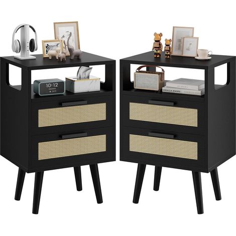 Lot de 2 Tables de Chevet avec 2 Tiroirs, Table Basse, Commode Boho, étagère Ouverte, Décorés à La Main en Rotin, 39x29x59 cm, pour Salon, Bureau, Chambre à Coucher, Noir HST015B-2 (1/5)