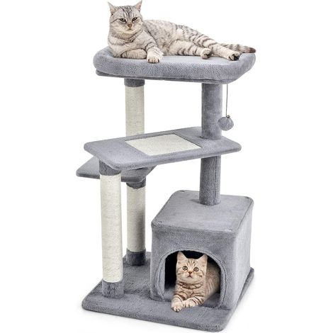 COSTWAY Kratzbaum Klein, 85cm hoch, Katzenbaum mit Katzenhöhle & weicher Sitzfläche & Ball & Sisalpfosten, Katzenkratzbaum Holz, Katzen Katzenmöbel Kletterbaum, Aktivitätsbaum Spielbaum, Grau (1/5)