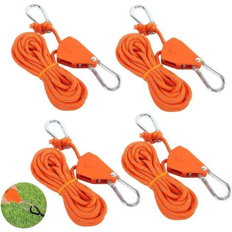 Cordes à Cliquet avec Crochet 4M, 4 Pièces Poulie à Cliquet Corde à Cliquet, 4mm Corde De Camping Légère Tendeur de Corde à Cliquet (1/5)