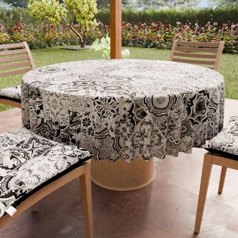 Nappe Ronde Anti-Tache Microfibre Diamètre Ø 160 cm Nappes en Tissu de Cuisine pour Table Ronde Motif Vietri 02 Noir 100% Fabriqué en Italie (1/5)