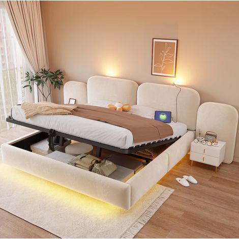Cama doble 180x200 cm de terciopelo beige con canapé hidráulico y LED – MEUBLIV (1/5)