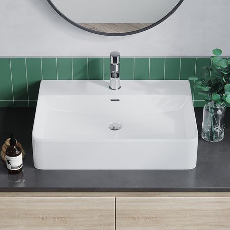 Waschbecken Keramik Weiß Aufsatzwaschbecken für das Badezimmer und Gäste-WC Handwaschbecken 29 - Eckig - 60 x 42 x 13 cm