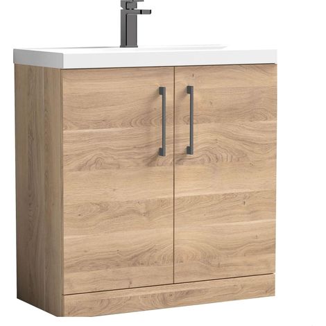 Balterley Bramshall Contemporary Bathroom Floor Standing 2-Door Vanity Unit & Mid-Edge Basin, Bleached Oak, 800mm (1/4)