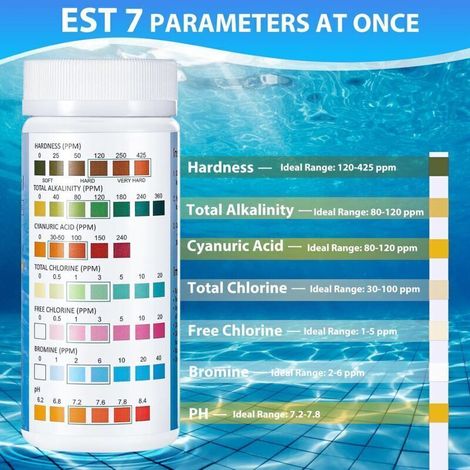 Ulisem7 en 1 Testeur pour Eau de Piscine et Spa, 100 Bandelettes Test Piscine, Test Piscine Chlore et ph, Le Brome, la Dureté Totale, l’Alcalinité Totale, l’Acide cyanurique, Le Chlore Total (1/3)