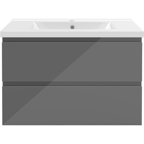 Aica Ensemble de meubles de salle de bain 80 cm avec vasque, 2 tiroirs à fermeture amortie - meuble suspendu , Brillance, Anthracite