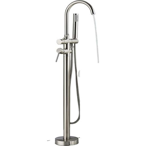 Robinet de cuisine Robinet de baignoire de salle de bains en laiton noir mat, mitigeurs de baignoire-douche autoportants montés sol, bec pivotant de grue d'eau chaude et froide(Brushed nickel) (1/5)