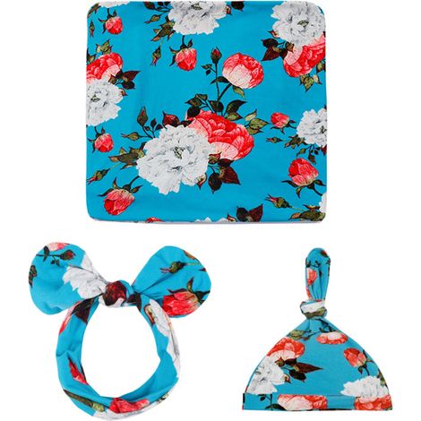 3 pièces Ensemble d'emmaillotage pour nouveau-né, couverture 80 x 80 cm, bandeau élastique, bonnet de naissance, fibre protéique (1/5)