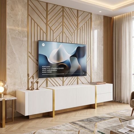 Creahappy Meuble TV 190x35x45 cm avec 3 Portes et 2 Tiroirs - Grand Rangement Salon - Style Contemporain Blanc Doré et Bois (1/5)