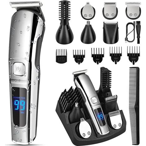 Tondeuse à cheveux professionnelle pour hommes - Tondeuse à barbe sans fil - Rechargeable et étanche - 6 têtes de rasage et 5 peignes, argent