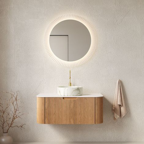 Meuble vasque suspendu de 91 cm, vasque ronde en céramique blanche à motif pierre et plan de travail blanc Carrara, caisson en contreplaqué rayé à bords arrondis avec tiroir, pré-assemblé, aspect bois (1/5)