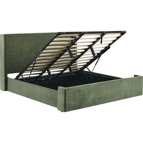 Lit coffre adulte 160x200 cm avec tête de lit capitonnée en velours côtelé vert kaki - Elma (1/5)