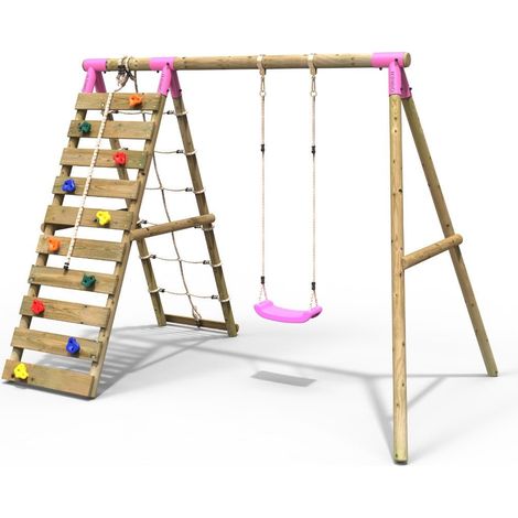 Rebo Wooden Swing Set with Up and Over Climbing Wall - Aria Pink