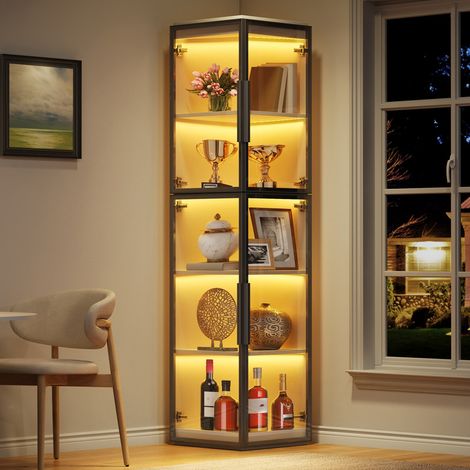 Vitrine transparente étroite 170 cm, meuble d’exposition autoportant – Meuble de rangement 5 étagères, éclairage LED et double portes – Pour salon et salle à manger