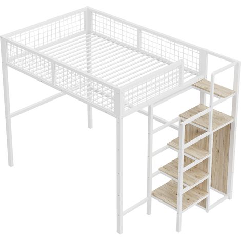 Cama alta 140x200 cm de metal blanco con escalera de seguridad y almacenaje HOMVRA (1/5)