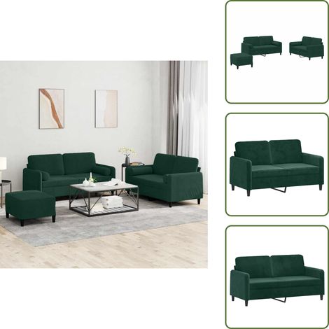 The Living Store 3-tlg. Sofagarnitur mit Kissen Dunkelgrün Samt - Samtsofa - Couchgarnitur - Wohnzimmermöbel - Gemütliches Sofa - Dunkelgrünes Sofa