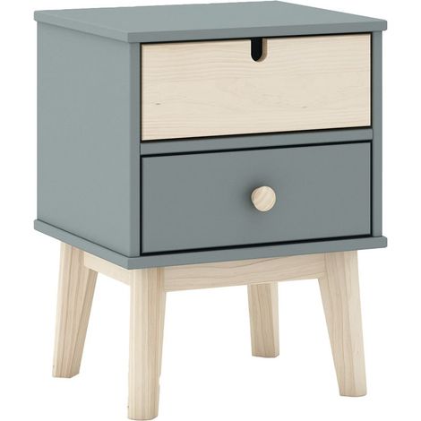 KAINA - Chevet 2 Tiroirs en MDF et Pin Coloris Gris Vert et Naturel (1/5)