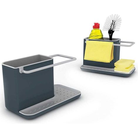 Porte-éponge - Rangement pour évier, support pour éponge, grattoir, brosse, détergent, torchon, petit modèle - gris foncé (1/4)