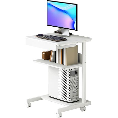 Bureau d'ordinateur sur roues, bureau avec rangement 56 x 51 cm avec tiroir, compartiment et support CPU, blanc (1/5)