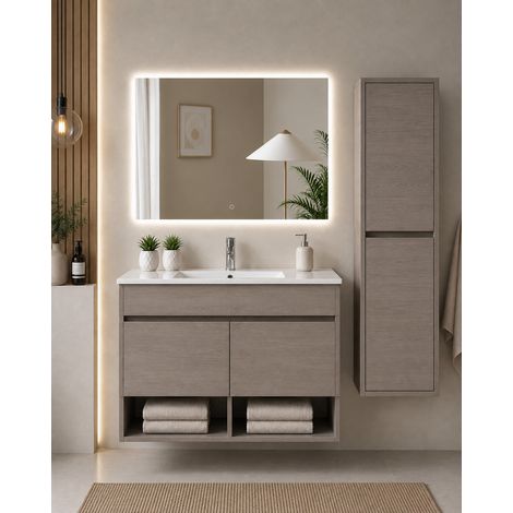 Wall-hung bathroom cabinet with ultra-slim basin ORIGENBATH NEBARI with doors without mirror 50x40 cm smoked oak with column (1/5)