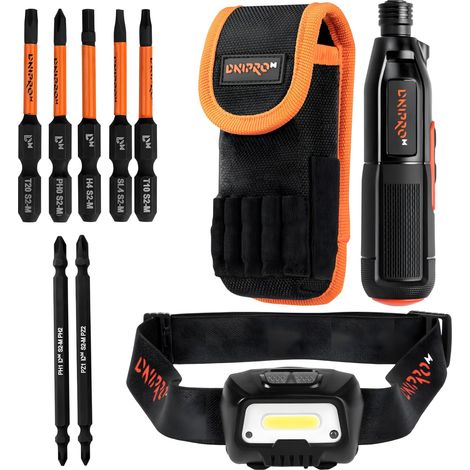 Dnipro-M Kit 2 en 1: Destornillador Eléctrico CSD-36X 3,6V + Linterna Frontal LED 300 lm – 8 Nm, USB-C, Sensor Movimiento, 36 Puntas
