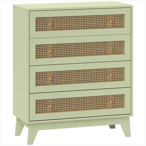 Meuble de rangement compact 4 tiroirs en MDF et rotin, aspect bois clair, vert, 80 x 35 x 95 cm (1/5)