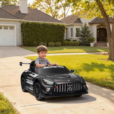 Voiture électrique Mercedes pour enfants, batterie 12 V, lumières LED, fonction musicale, klaxon, 3-8 ans, noire