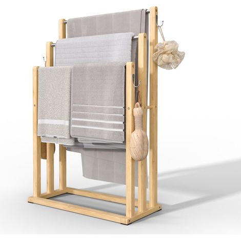 VOUNOT® Porta Asciugamani Bagno da Terra, Portasciugamani Autoportante in Bambù Stabile 3 Bracci con Ganci, 45x21x82 cm, Naturale