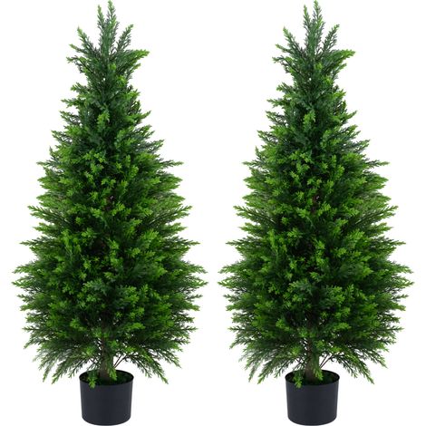 Lot de 2 Arbres Artificiels 120CM, Faux Cèdre Topiaire, Pots Lestés en Ciment Aiguilles de Pin Réalistes Herbe Synthétique, Fausse Plante Décoration (1/5)