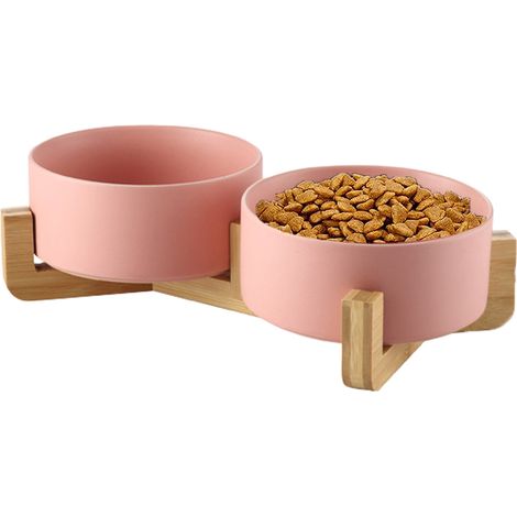 2 gamelles céramique, 400 ml, diam. 13 cm x prof. 6,5 cm, avec support bois antidérapant, pour chien et chat (1/5)