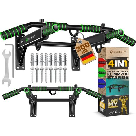 KESSER® 4in1 Klimmzugstange zur Wandmontage rutschfesten Griffen zusätzliche Funktion für Seile Ringe und Boxsäcke mit verschiedenen Griffpositionen Grün